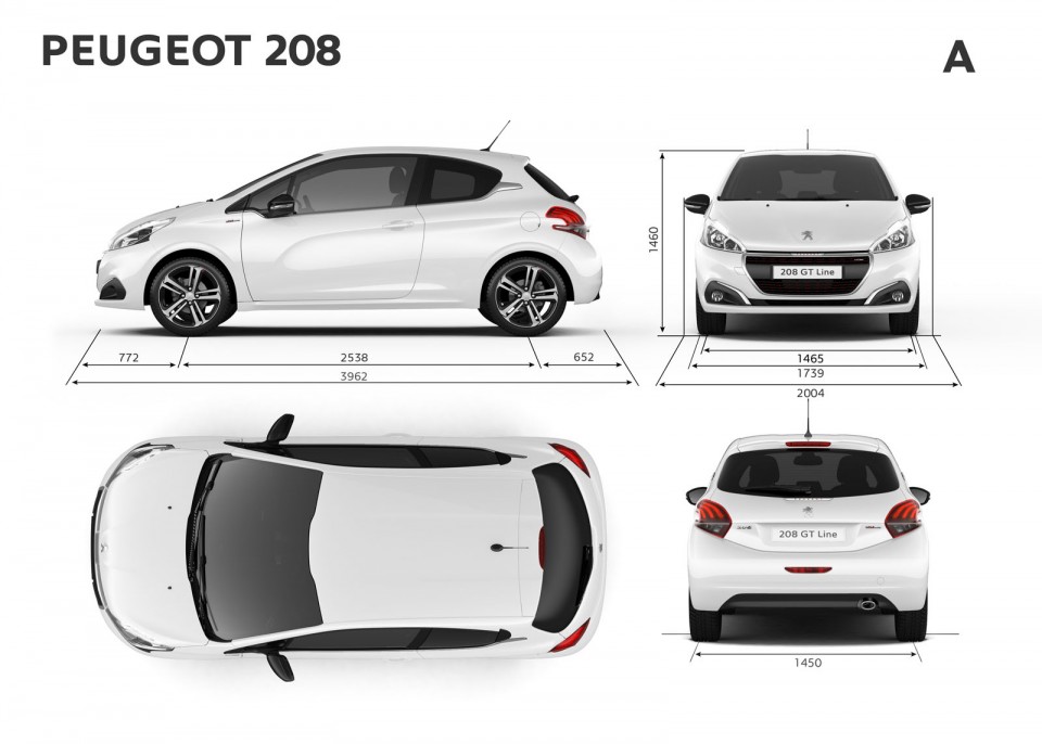 Dimensions extérieures (mm) Peugeot 208 GT Line (2015)